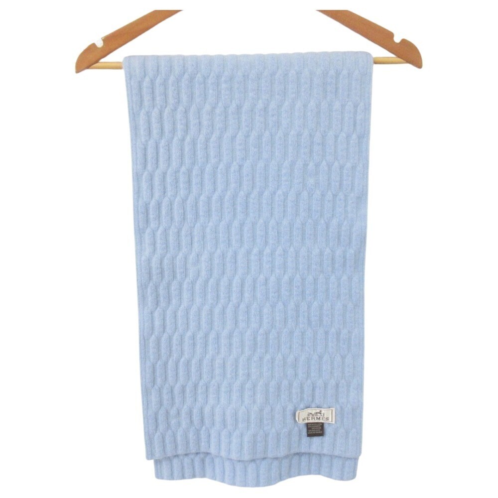 HERMES Cashmere Silk Blend Wool Cable Knit Scarf, Light Blue, Men's